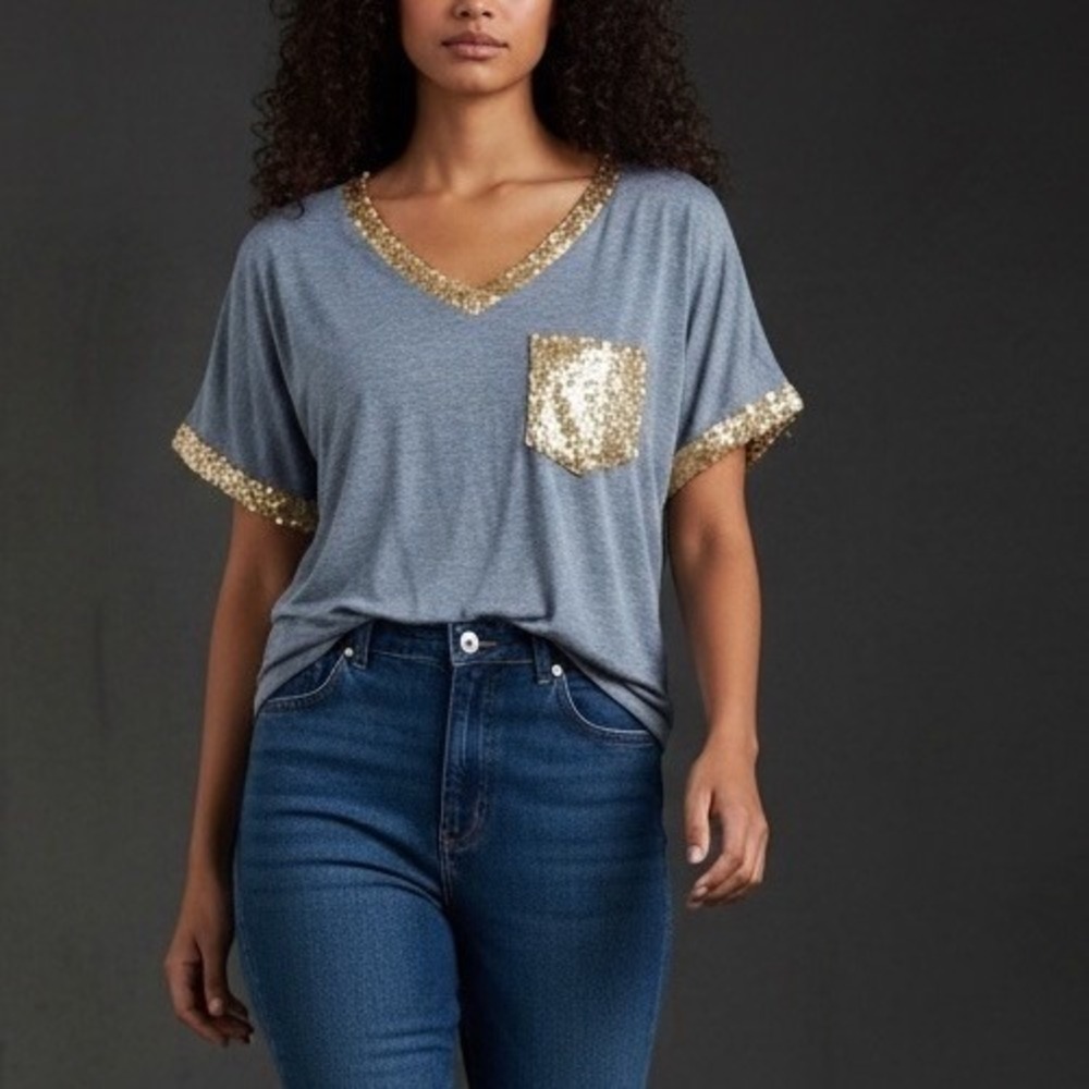 Womens S FANTASTIC FAWN Blue Popover Top Gold Sequin Short Sleeve Oversized
